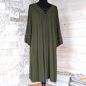 NAIF Olive Green Midi Dress with Crochet V-Neck